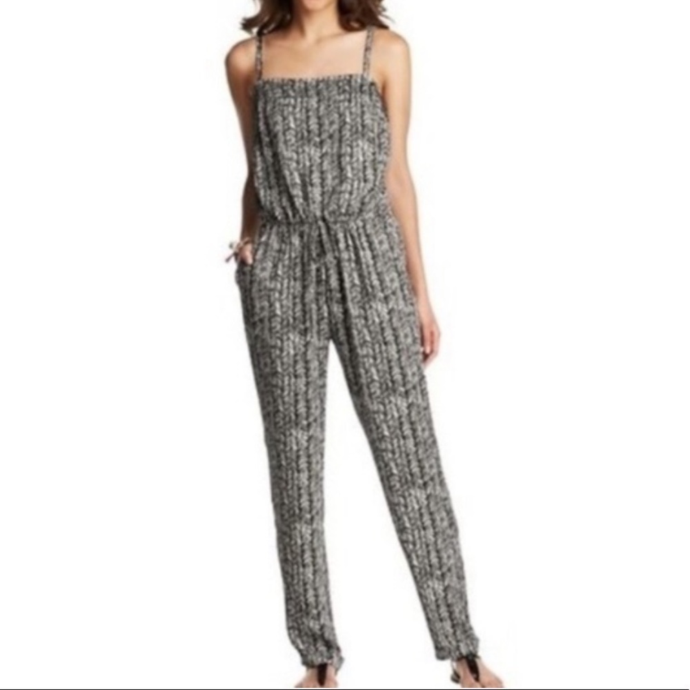 LOFT Black White Geometric Print Straight Neck Belted Jumpsuit Pockets Size M